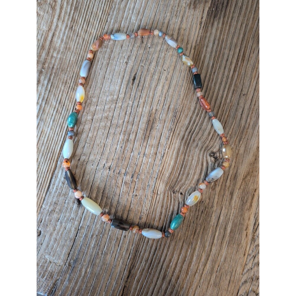 Vintage Polished Agate Stone Necklace Knotted 30 Inch Multicolor Long